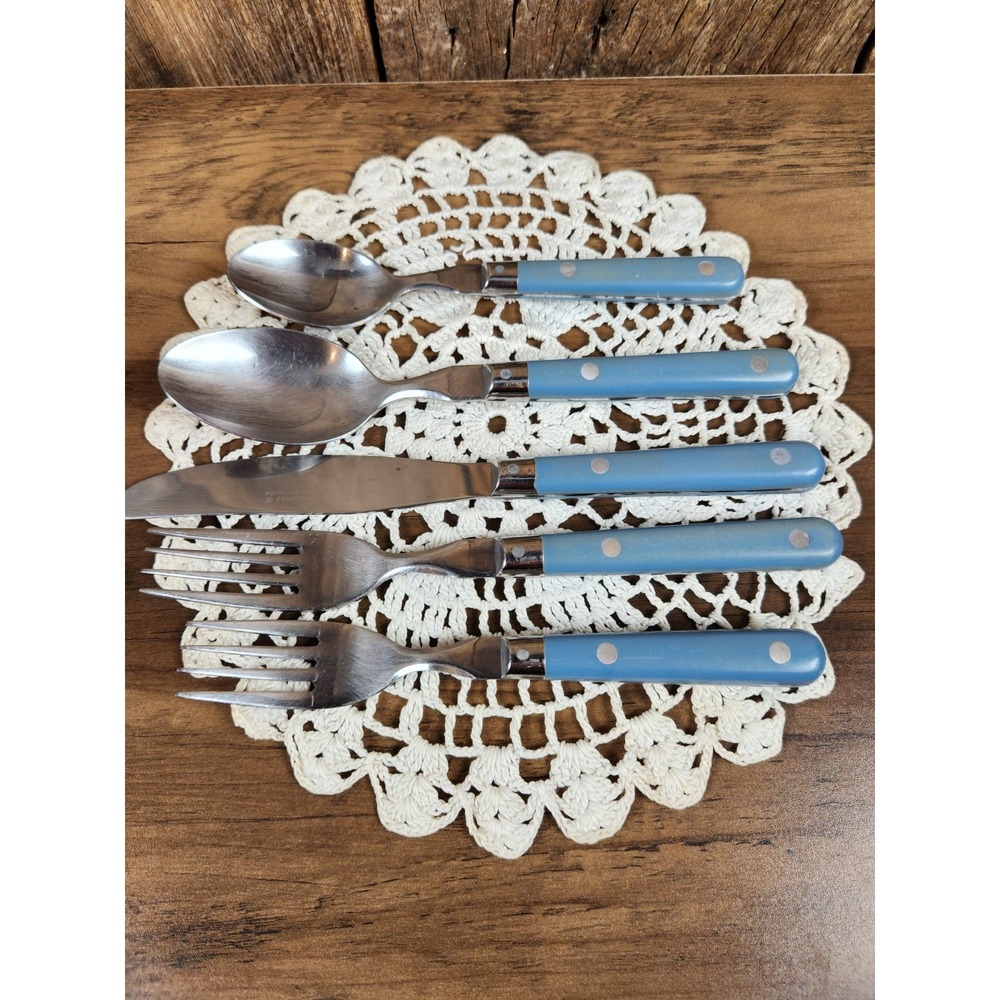 Vtg Washington Forge Mardi Gras Blue Flatware 5 pc Fork Knife Spoon Placesetting